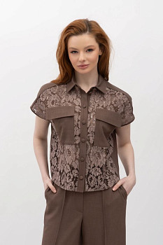 Лляна блуза з мереживом коричневого кольору Неля