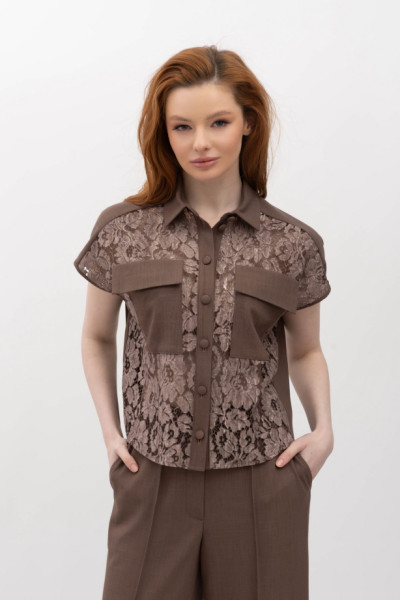 Лляна блуза з мереживом коричневого кольору Неля