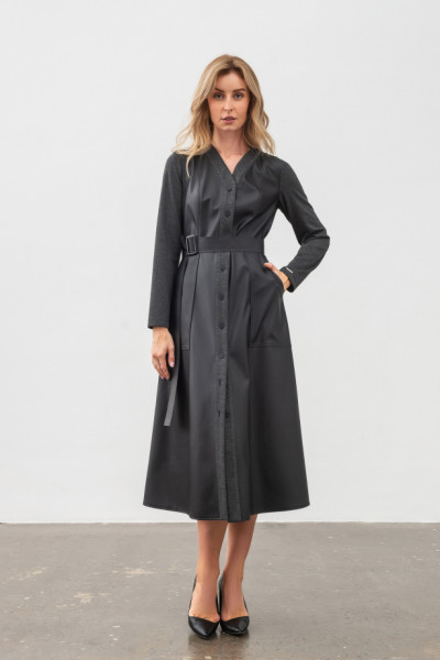 Пряма сукня-сорочка міді довжини з еко шкіри чорного кольору Яглія Пряма сукня-сорочка міді довжини з еко шкіри чорного кольору Яглія