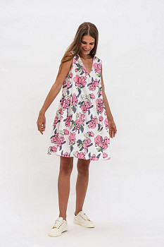Коротка вільна жіноча сукня з бавовни та великим квітковим принтом Валлі Коротка вільна жіноча сукня з бавовни та великим квітковим принтом Валлі