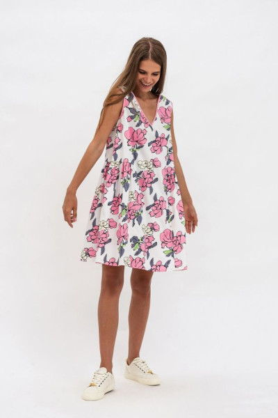Коротка вільна жіноча сукня з бавовни та великим квітковим принтом Валлі Коротка вільна жіноча сукня з бавовни та великим квітковим принтом Валлі