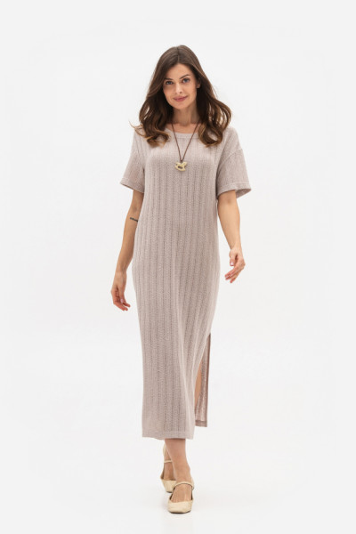 Трикотажна сукня  довжини міді з коротким рукавом бежевого кольору Екліна 1 Трикотажна сукня  довжини міді з коротким рукавом бежевого кольору Екліна 1