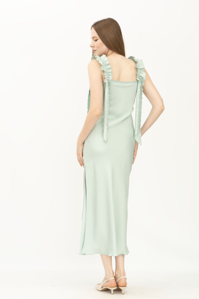 Шовкова сукня на бретелях з розрізом салатова Рошені 01 Шовкова сукня на бретелях з розрізом салатова Рошені 01