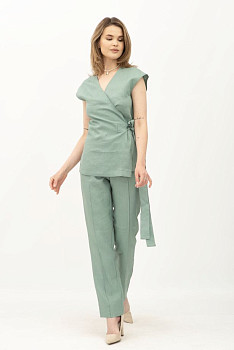 Жіночий костюм з льону жилет та брюки зелений Топал 01