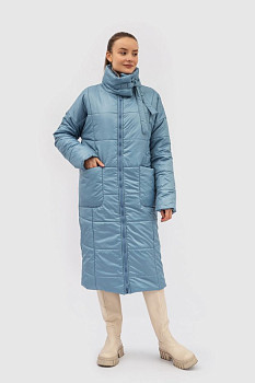 Осіннє зимове пальто блакитне зі стьобаної тканини з комірцем стійкою Ладре 01