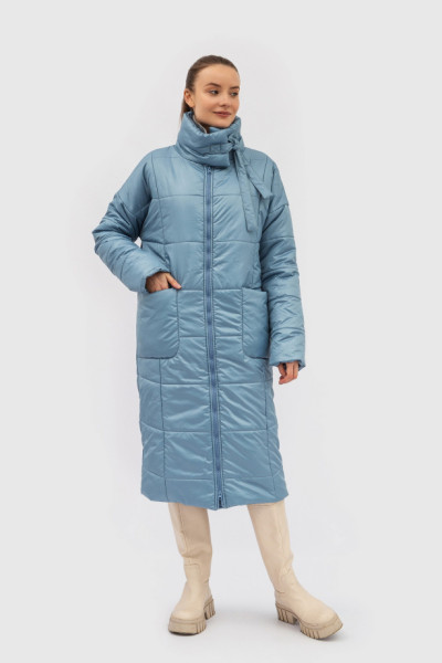 Осіннє зимове пальто блакитне зі стьобаної тканини з комірцем стійкою Ладре 01