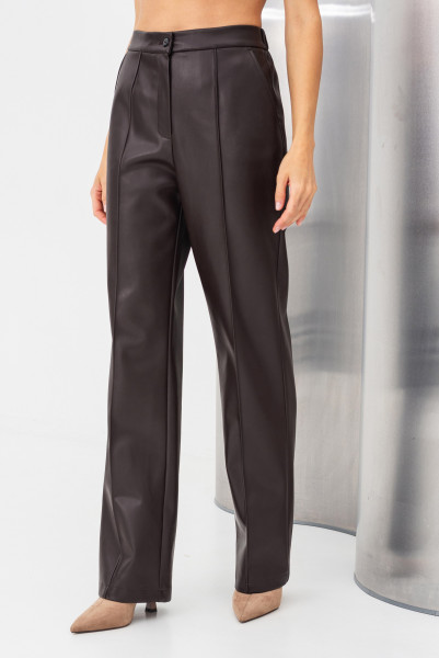 Брюки з еко шкіри коричневі прямого силуету Дален 02