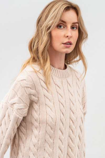 В'язаний жіночий костюм бежевого кольору джемпер та штани 4598/2024 В'язаний жіночий костюм бежевого кольору джемпер та штани 4598/2024