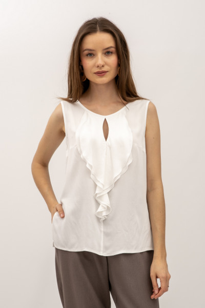 Бавовняна блуза вільного силуету без рукавів молочного  кольору Тереса