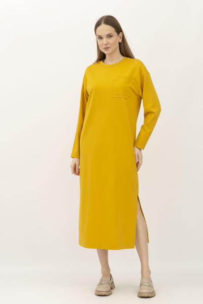 Трикотажна оверсайз сукня гірчичного кольору довжиною за коліно Міото 1 Трикотажна оверсайз сукня гірчичного кольору довжиною за коліно Міото 1