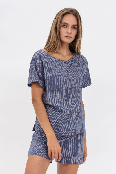 Жіноча блуза з коротким рукавом на гудзиках із льону з смужкою Луїдж