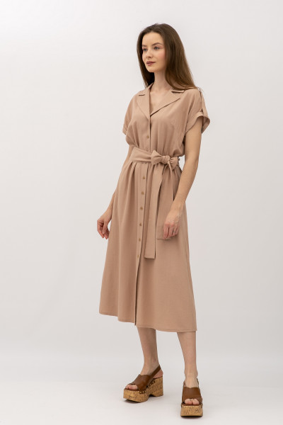 Лляна сукня довжини міді бежевого  кольору Візара 01 Лляна сукня довжини міді бежевого  кольору Візара 01