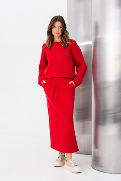 Спідниця трикотажна червоного кольору довжини міді з розрізом Жалін