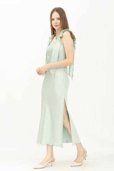 Шовкова сукня на бретелях з розрізом салатова Рошені 01 Шовкова сукня на бретелях з розрізом салатова Рошені 01