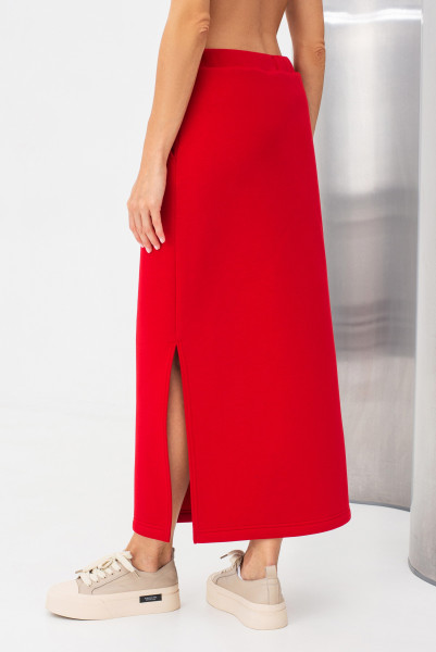 Спідниця трикотажна червоного кольору довжини міді з розрізом Жалін