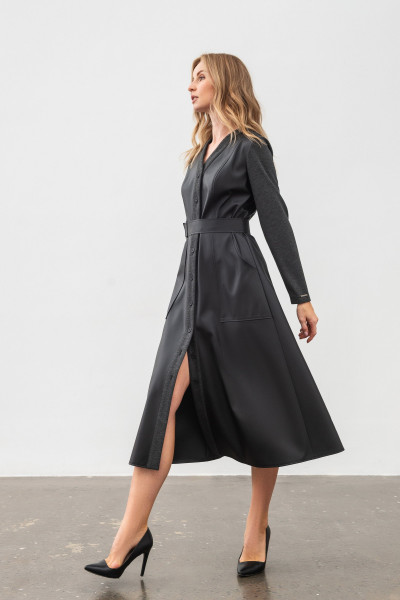 Пряма сукня-сорочка міді довжини з еко шкіри чорного кольору Яглія Пряма сукня-сорочка міді довжини з еко шкіри чорного кольору Яглія