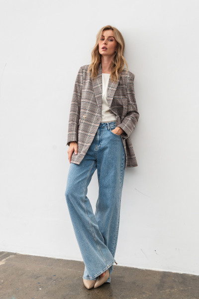 Жакет двобортний подовжений в клітинку сірий Лім 01