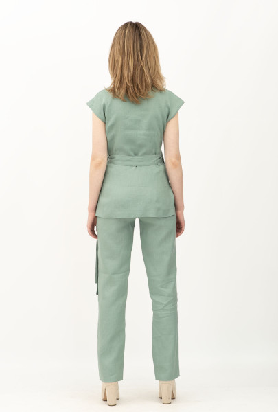 Жіночий костюм з льону жилет та брюки зелений Топал 01 Жіночий костюм з льону жилет та брюки зелений Топал 01