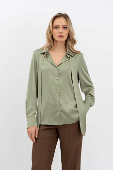 Класична блуза з коміром та довгим рукавом оливкового кольору Телета 07