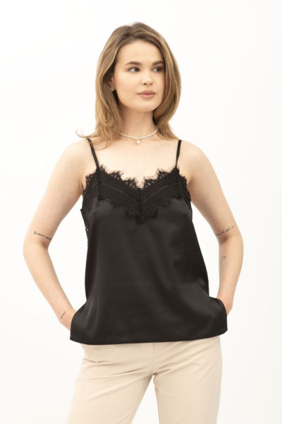 Майка жіноча шовкова чорна на бретелях Шайна 01