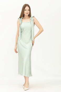 Шовкова сукня на бретелях з розрізом салатова Рошені 01 Шовкова сукня на бретелях з розрізом салатова Рошені 01