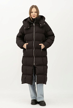 Стьобаний пуховик чорного кольору середньої довжини 2405/2024