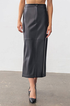 Спідниця чорна з еко шкіри довжини міді Ірелі