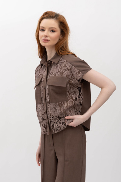 Лляна блуза з мереживом коричневого кольору Неля