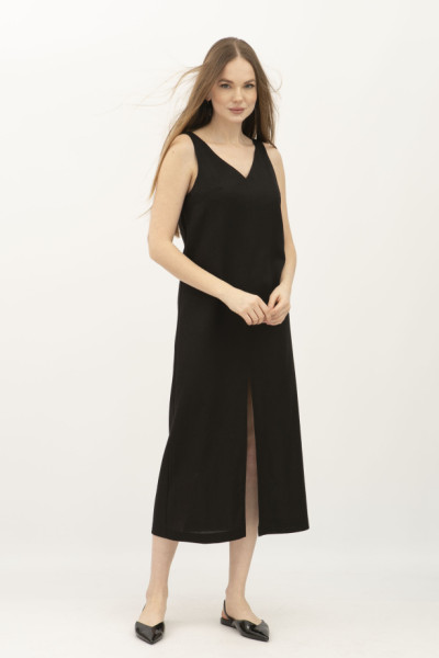 Лляний сарафан довжини міді чорного кольору Фарлі 08 Лляний сарафан довжини міді чорного кольору Фарлі 08