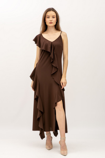 Шифонова сукня напівприталеного силуету довжини міді коричневого кольору Мірелі
