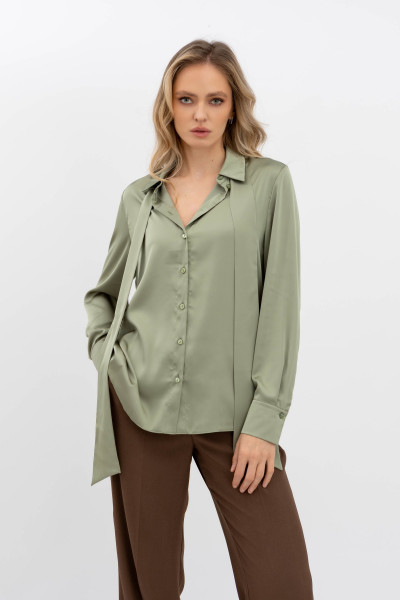 Класична блуза з коміром та довгим рукавом оливкового кольору Телета 07