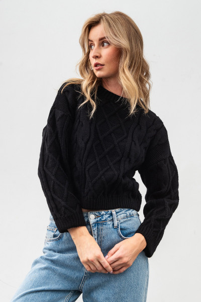 Чорний вкорочений джемпер з вмістом вовни 4548/2024
