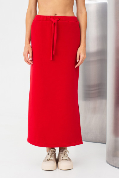 Спідниця трикотажна червоного кольору довжини міді з розрізом Жалін 03