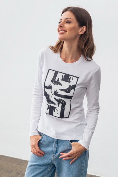 Трикотажний лонгслів білого кольору з округлою горловиною Мелік