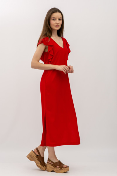 Сукня довжини міді червоного кольору з вмістом 70% льону Лігура 01 Сукня довжини міді червоного кольору з вмістом 70% льону Лігура 01