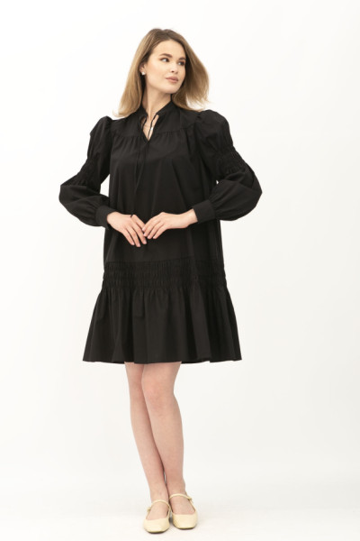 Чорне жіноче плаття А-силуету з коміром-стійкою та рюшами Лам'є 01 Чорне жіноче плаття А-силуету з коміром-стійкою та рюшами Лам'є 01