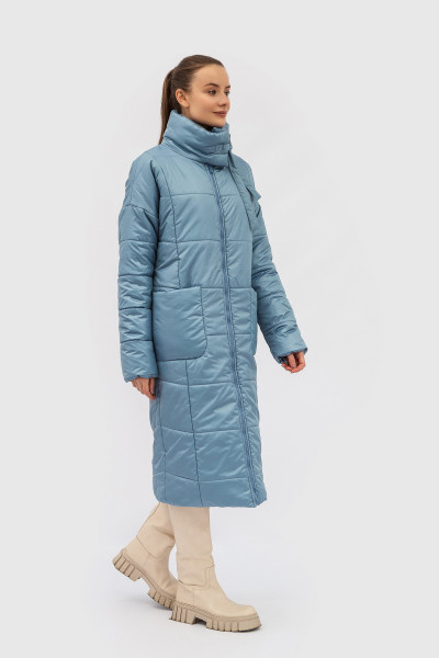 Осіннє зимове пальто блакитне зі стьобаної тканини з комірцем стійкою Ладре 01