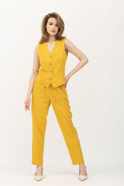 Жіночі літні штани з льону вільного силуету гірчичного кольору Бронд 06