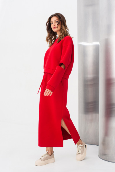 Спідниця трикотажна червоного кольору довжини міді з розрізом Жалін