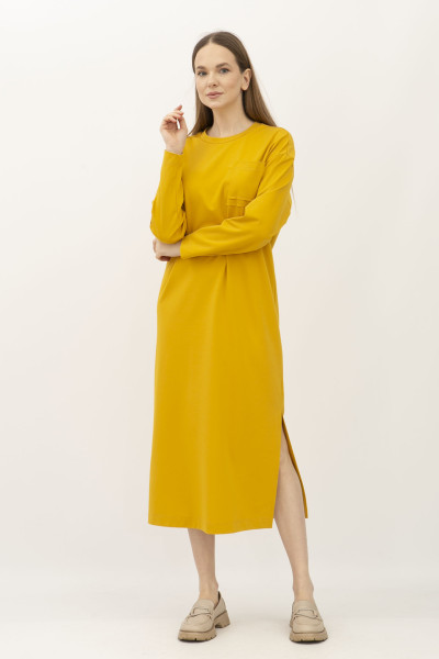 Трикотажна оверсайз сукня гірчичного кольору довжиною за коліно Міото 1 Трикотажна оверсайз сукня гірчичного кольору довжиною за коліно Міото 1