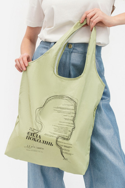 Сумка шопер салатова  з принтом письменниці  Лесі Українки Екосумка 017