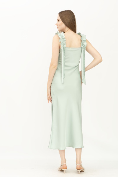 Шовкова сукня на бретелях з розрізом салатова Рошені 01 Шовкова сукня на бретелях з розрізом салатова Рошені 01
