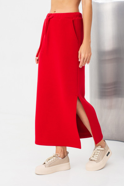 Спідниця трикотажна червоного кольору довжини міді з розрізом Жалін