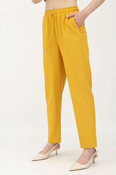 Жіночі літні штани з льону вільного силуету гірчичного кольору Бронд 06