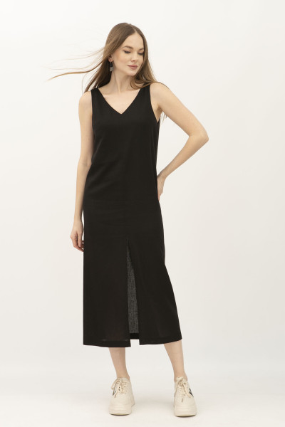 Лляний сарафан довжини міді чорного кольору Фарлі 08 Лляний сарафан довжини міді чорного кольору Фарлі 08