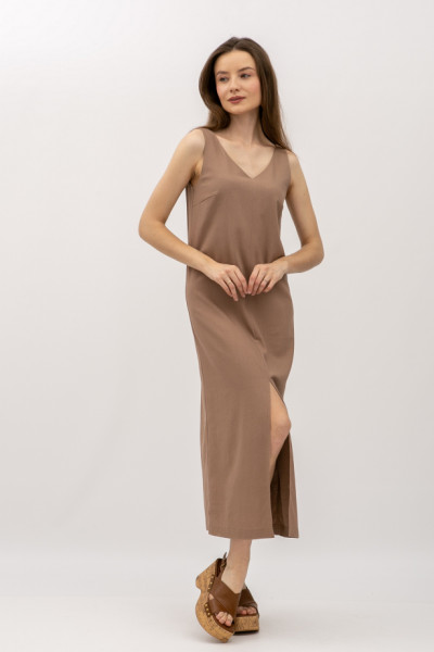 Лляний сарафан довжини міді кольору капучино Фарлі 07 Лляний сарафан довжини міді кольору капучино Фарлі 07