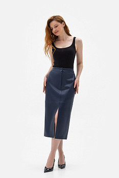 Спідниця міді з екошкіри синього кольору Лафея 02