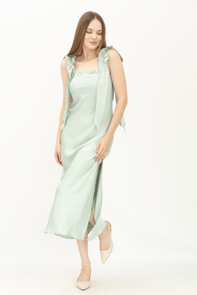 Шовкова сукня на бретелях з розрізом салатова Рошені 01 Шовкова сукня на бретелях з розрізом салатова Рошені 01
