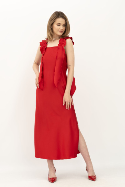 Шовкова сукня на бретелях з розрізом червона Рошені Шовкова сукня на бретелях з розрізом червона Рошені
