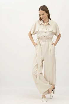 Лляний бежевий комбінезон вільного силуету та широкими брюками Тімал